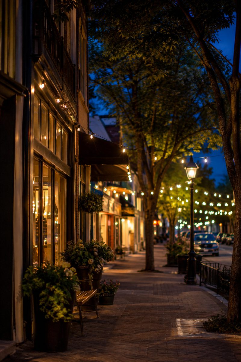 A tree-lined main street glowing at blue hour