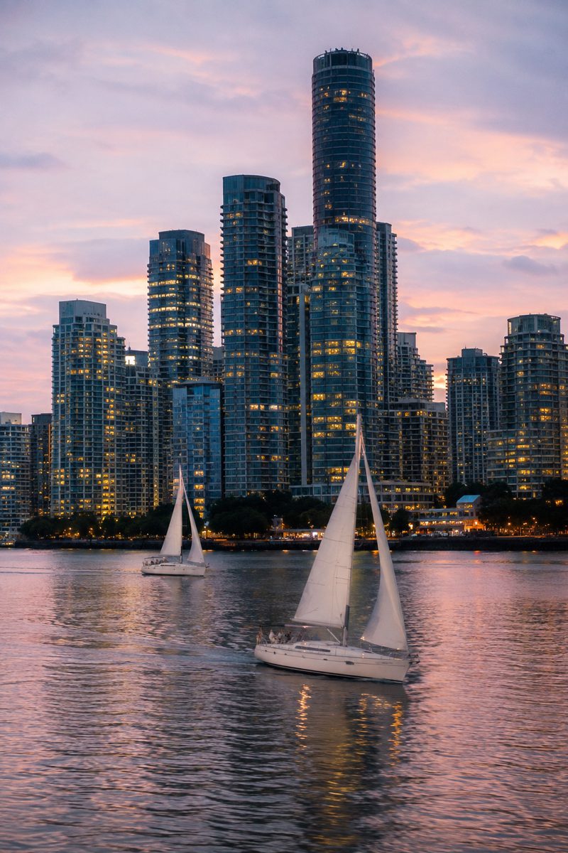Sailboats on a calm harbor before a waterfront skyline