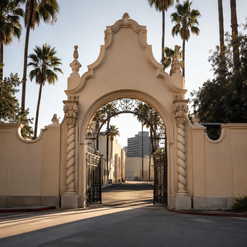 An ornate studio gate behind palm trees
