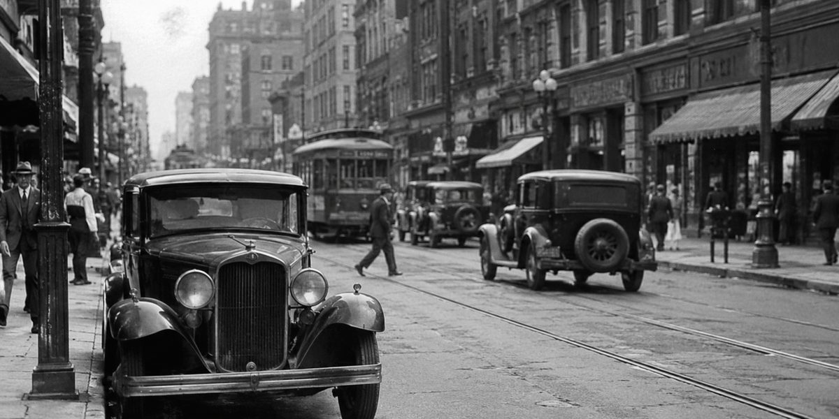 An archival black-and-white city street scene