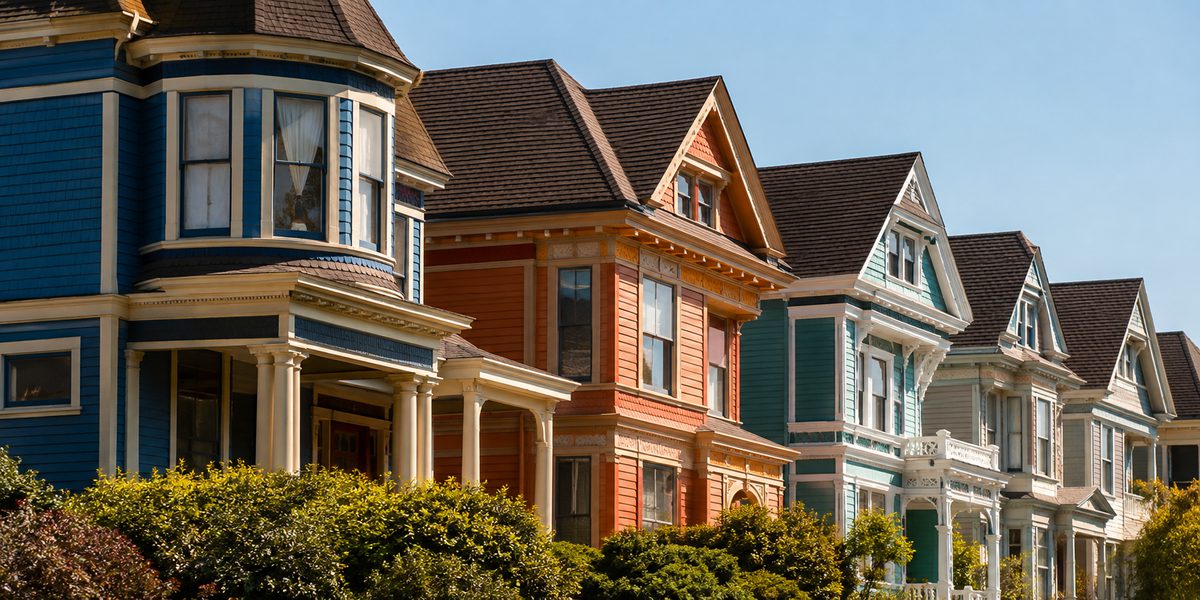 A row of brightly painted houses