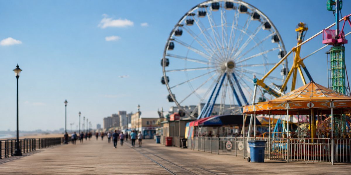 A ferris wheel over a beach boardwalk