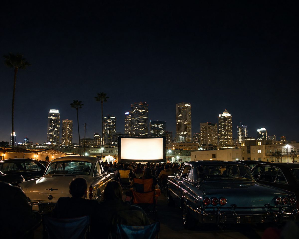 An outdoor rooftop movie night beneath the downtown skyline