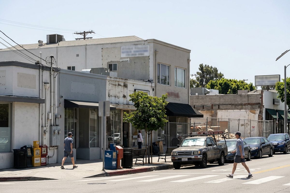 Midday view of Sunset Boulevard in Pacific Palisades, with people walking past the storefronts of a rebuilt shopping village and construction fencing farther down the block.