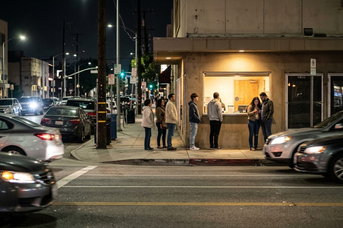 Photo illustration of moviegoers in jackets waiting in line at a multiplex box office window in Burbank at night, seen from across the street.