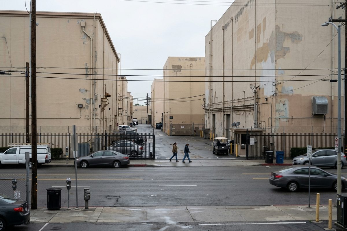 Tall beige soundstages on a Burbank studio lot seen from across the street on an overcast day, with a few people walking along the sidewalk.