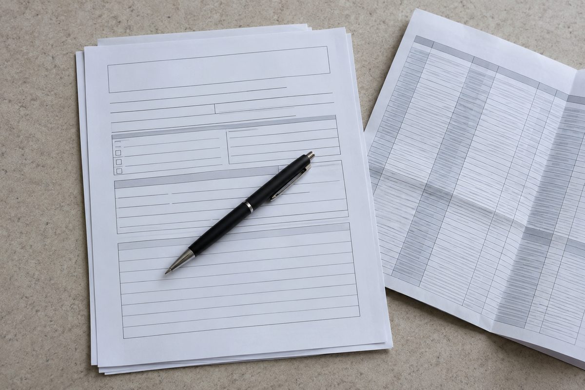 Photo illustration: overhead flat-lay in neutral daylight of a blank multi-page court petition form on a plain counter beside a folded printout of a records list, a pen resting across the form, no people, no logos, no readable text, no agency seals, no seasonal objects
