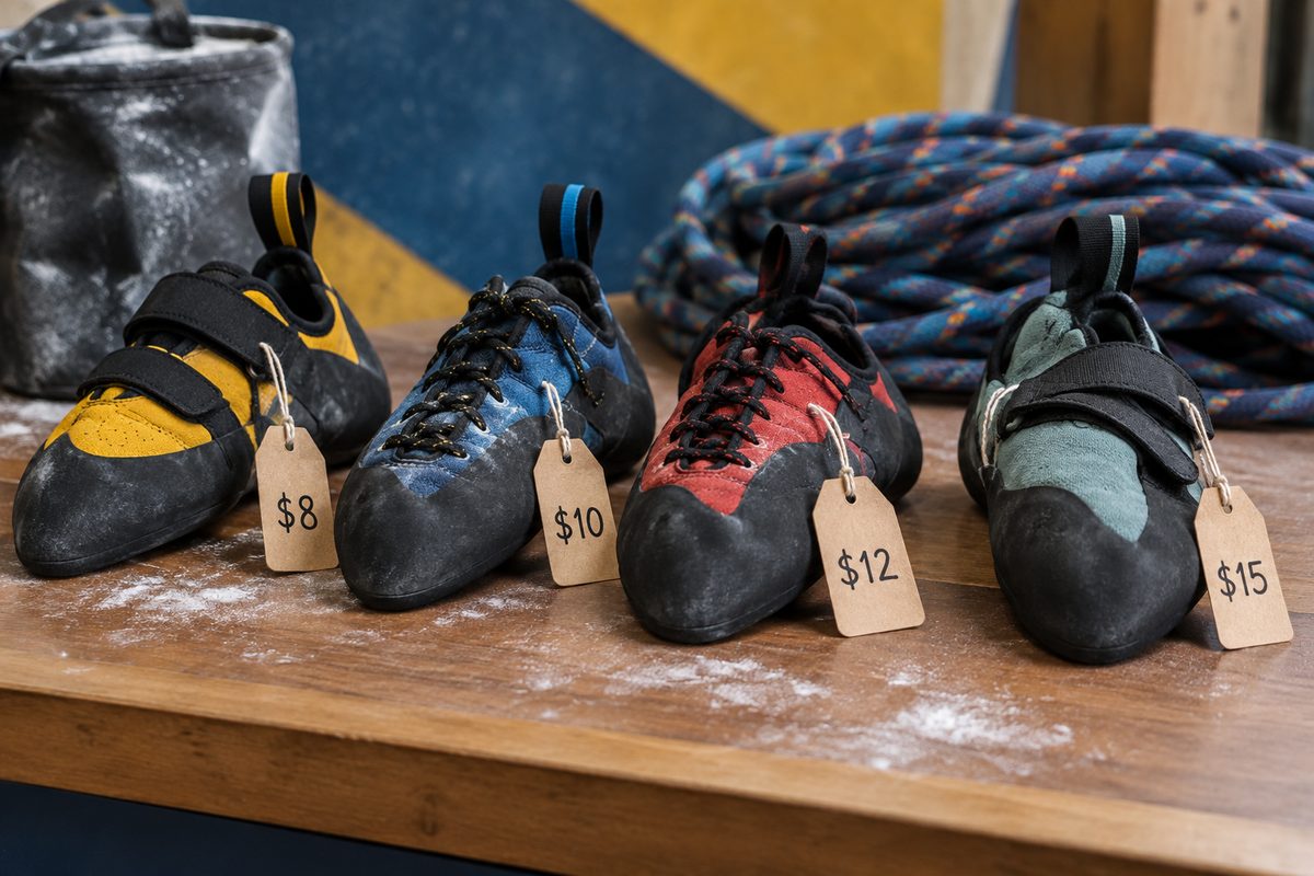 Photo illustration: a flat stylized row of four rental climbing shoes on a counter shelf, each with a paper price tag showing a different dollar amount, chalk dust and a coiled rope behind them, bold graphic palette, no gym signage, no logos, no people.