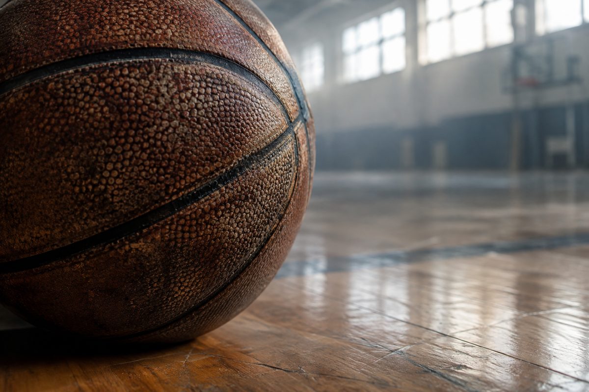 Extreme close-up of a basketball's pebbled surface and black seam resting on a hardwood floor in hazy morning light.