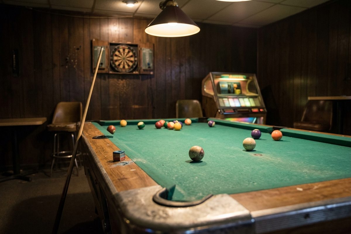 A worn pool table with chalk on the rail and a dartboard on a wood-paneled wall behind it in a dim neighborhood bar, like the Robles Lounge planned in South LA.