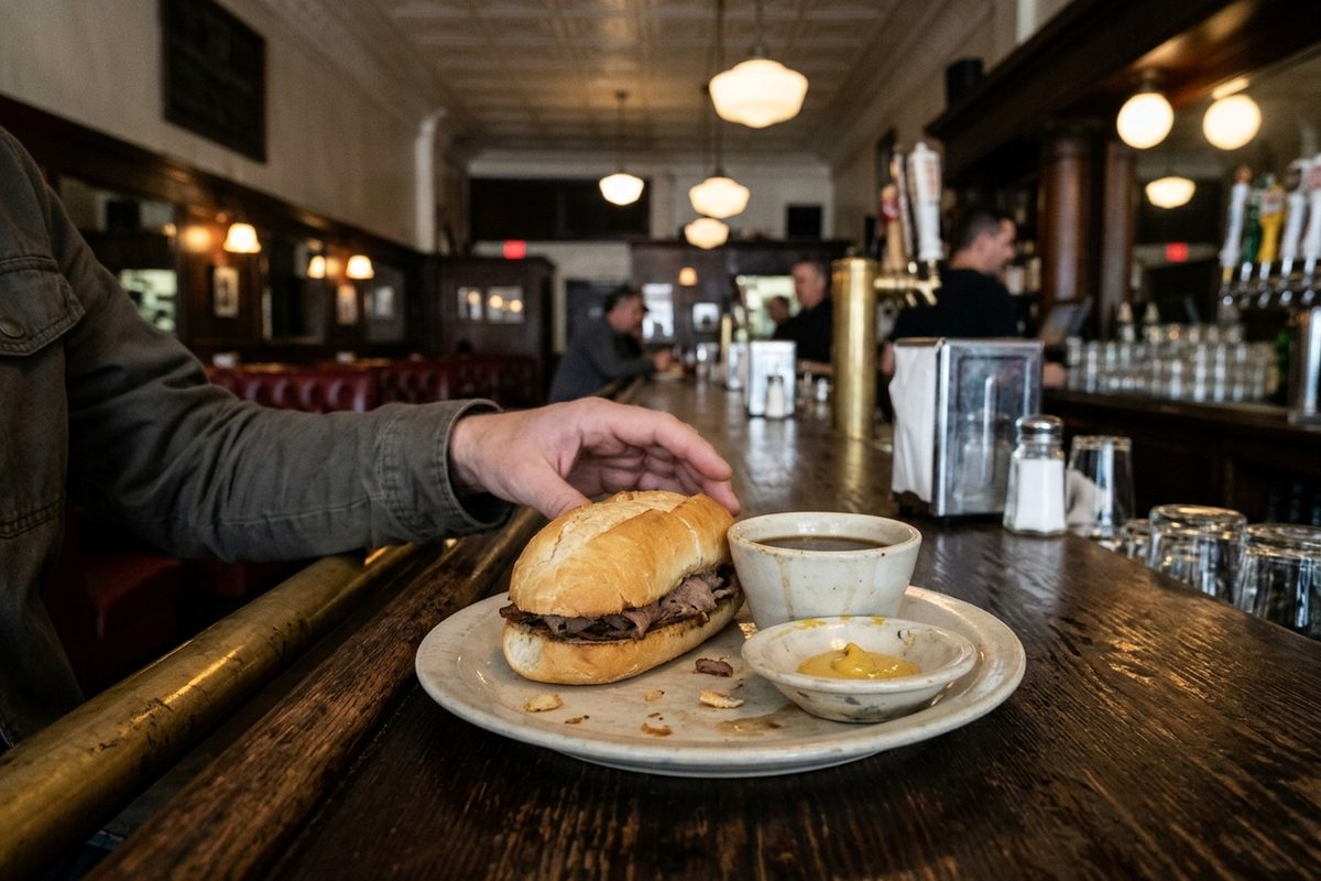 A French dip sandwich with a cup of jus on an old wooden bar in a dim downtown Los Angeles restaurant, as Cole's French Dip prepares to reopen.
