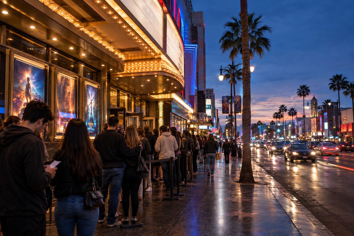 A wide dusk view of moviegoers lining up outside a multiplex on Hollywood Boulevard, the marquee glowing above them.