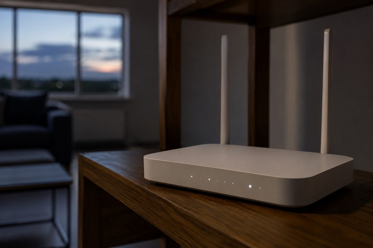 A white home Wi-Fi router with small indicator lights sitting on a wooden shelf in a dim living room, no people present.