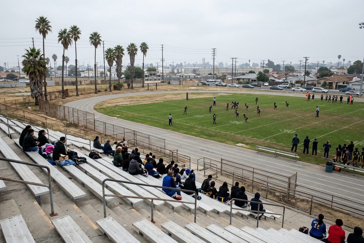 A high school flag football field in Compton on an overcast afternoon, seen from the top of the home bleachers, with small, unidentifiable players on the turf and a few fans in the stands.