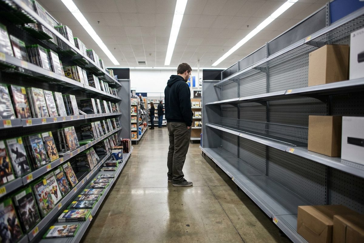 A shopper stands in a brightly lit electronics store aisle beside a mostly empty video game console shelf.