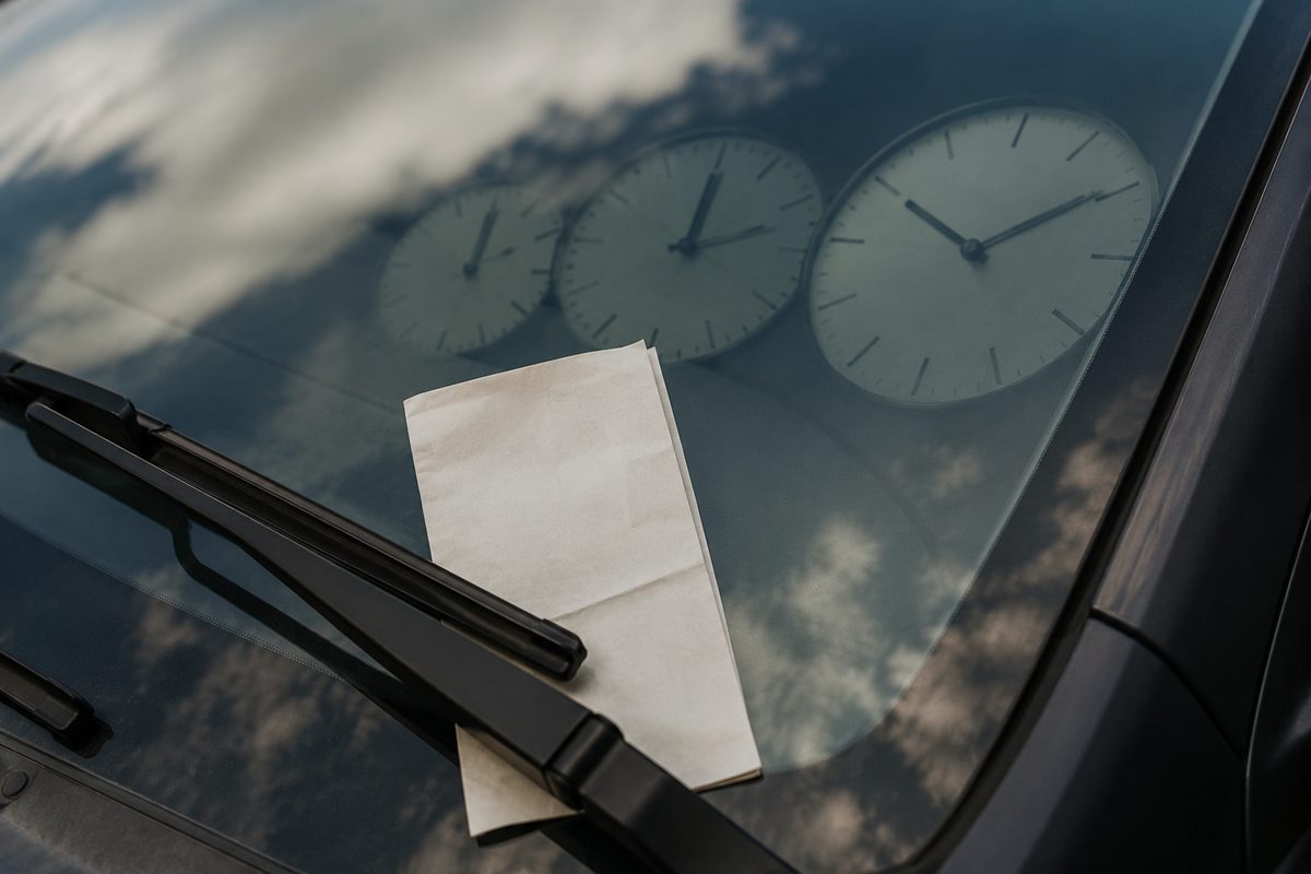 Photo illustration: stylized flat illustration, muted city palette — a folded parking citation envelope pinned under a windshield wiper against reflected sky, three faint clock faces receding behind the glass; no people, no plates, no business names, no real signage