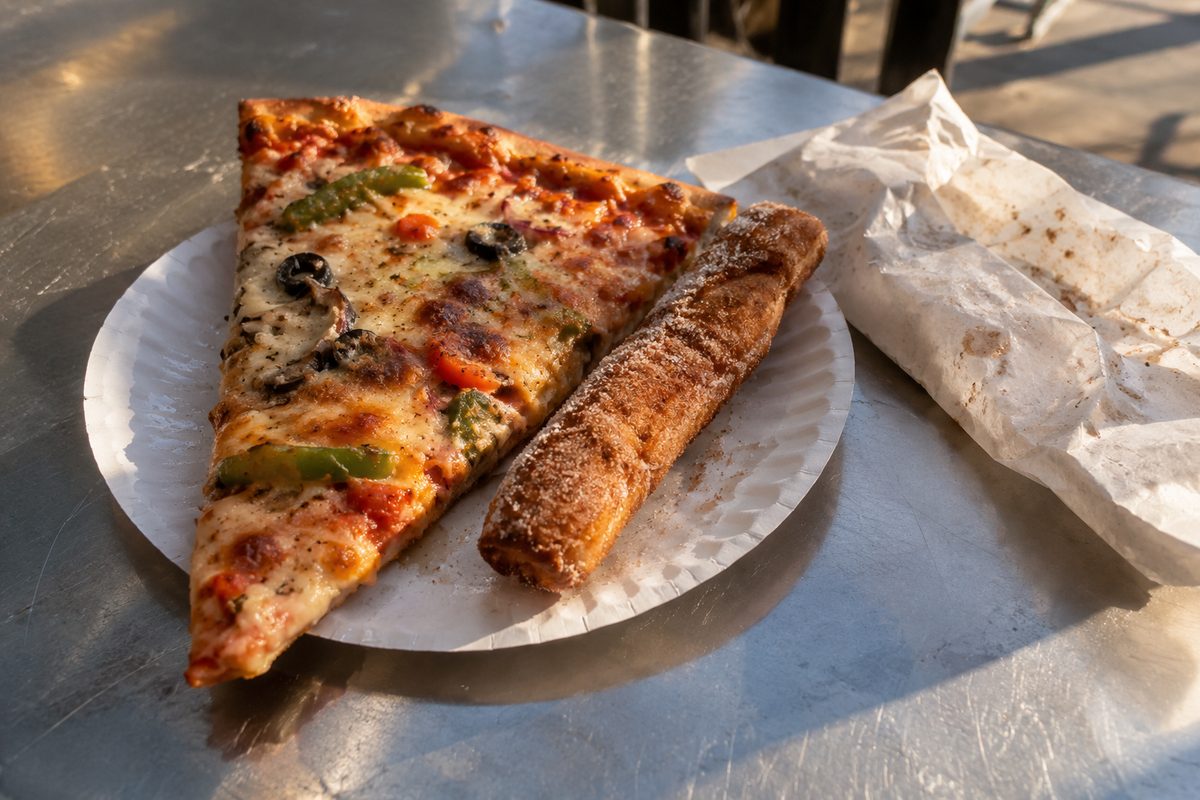 An unbranded paper plate on a stainless steel counter holding a wide pizza slice and a cinnamon-sugar fried pastry, shot at a three-quarter angle in warm late-day light.
