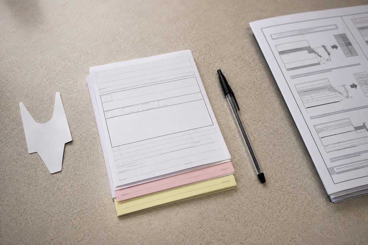 Photo illustration: overhead flat-lay on a plain public-counter surface of a paper queue-number ticket, a blank multi-part court form, a ballpoint pen and a small stack of printed how-to guide sheets, fluorescent office light, no people, no logos, no readable text, no seasonal objects.