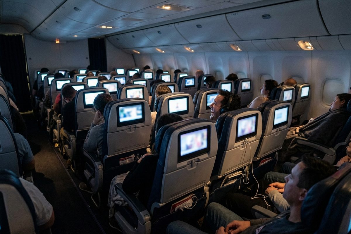 Passengers seen from the aisle of a dimmed airplane cabin at night, faces lit by the glow of seatback screens.