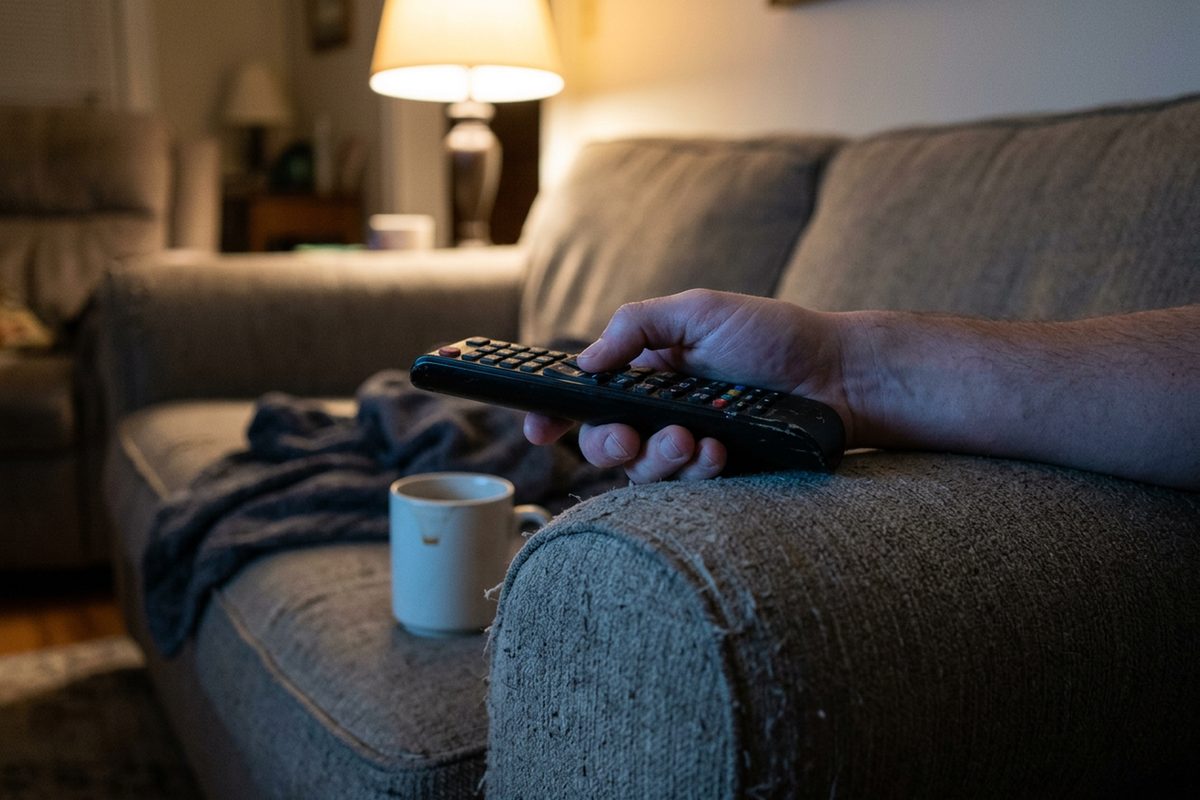 A hand holding a TV remote on the arm of a couch, lit by a lamp and the glow of a television, illustrating the end of Criminal Minds: Evolution on Paramount+.