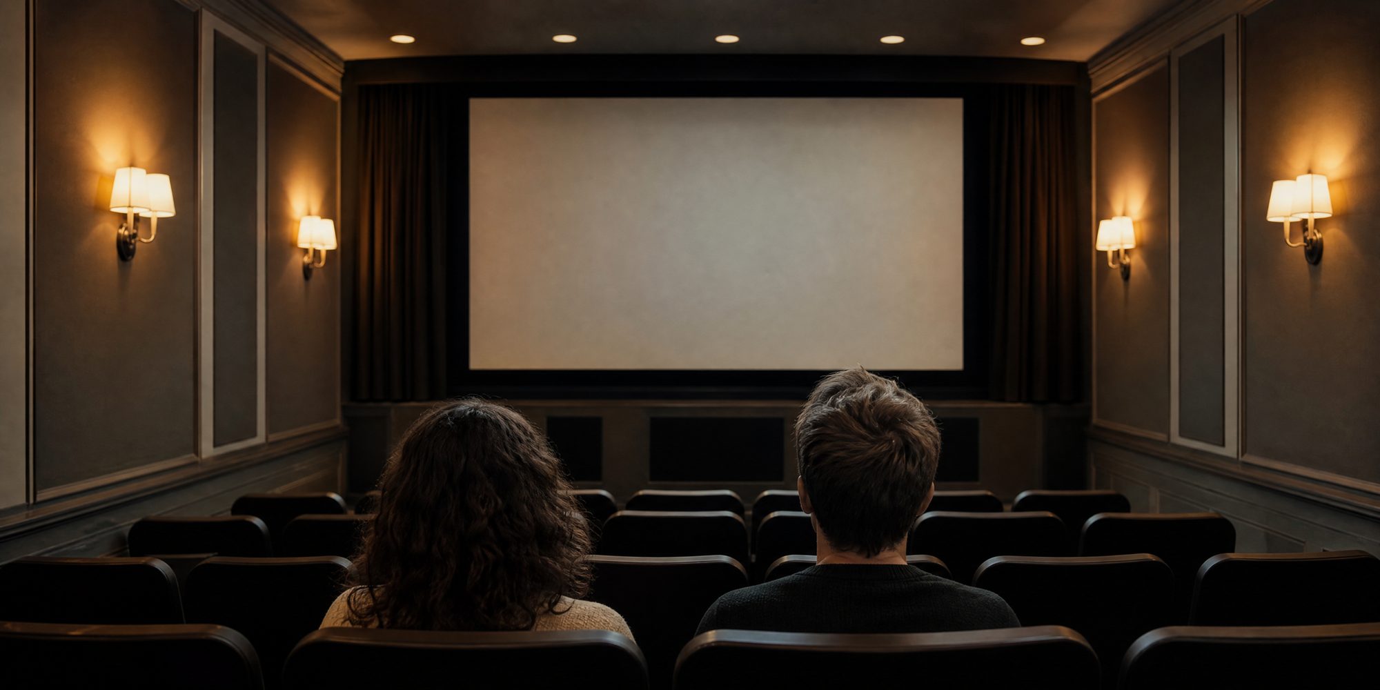 Symmetrical view of a small screening room: blank projection screen, tungsten wall sconces, and the backs of two heads in the front row.
