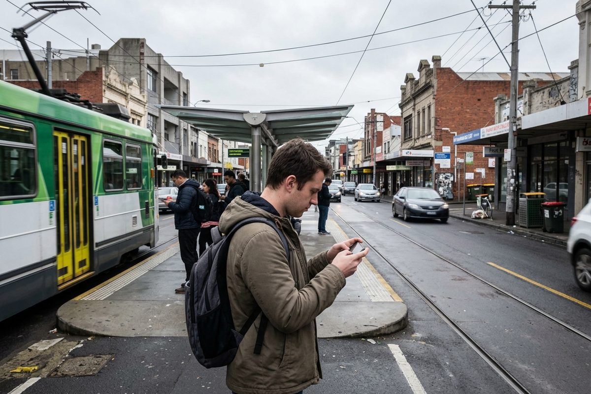 Commuters wait at a Melbourne tram stop on an overcast day as one of them plays a mobile game on a phone held sideways.