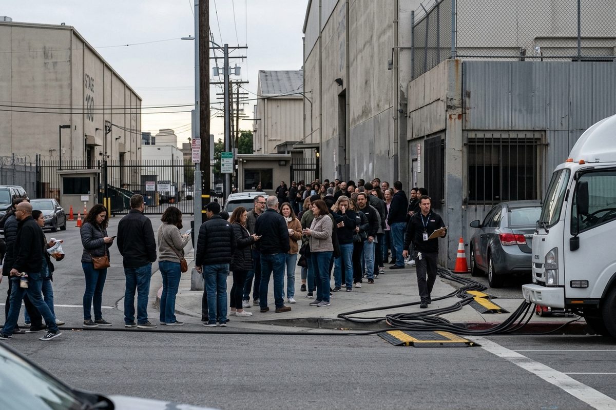 Audience members wait in line outside a television studio stage entrance in Los Angeles on an overcast afternoon, with a production truck at the curb.