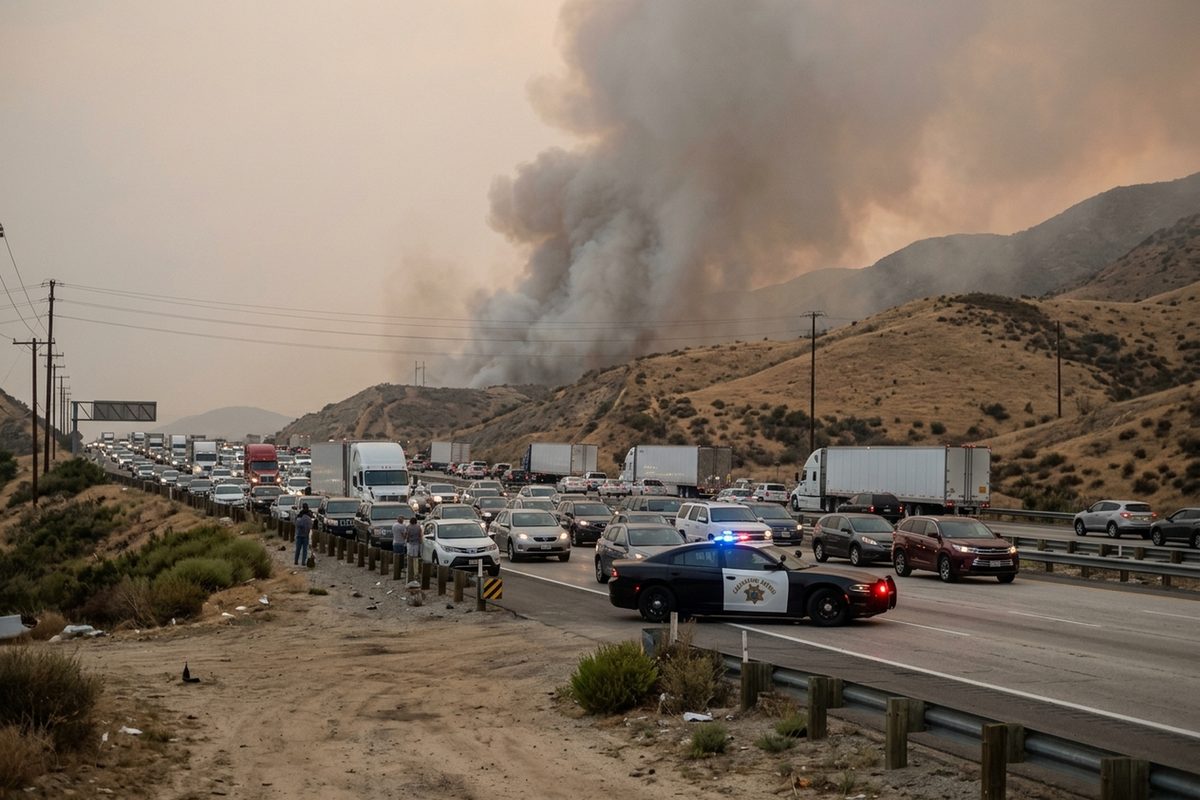 Smoke over brushy hills beside Interstate 5 near Gorman, with stopped traffic and big rigs on the freeway in early evening light.