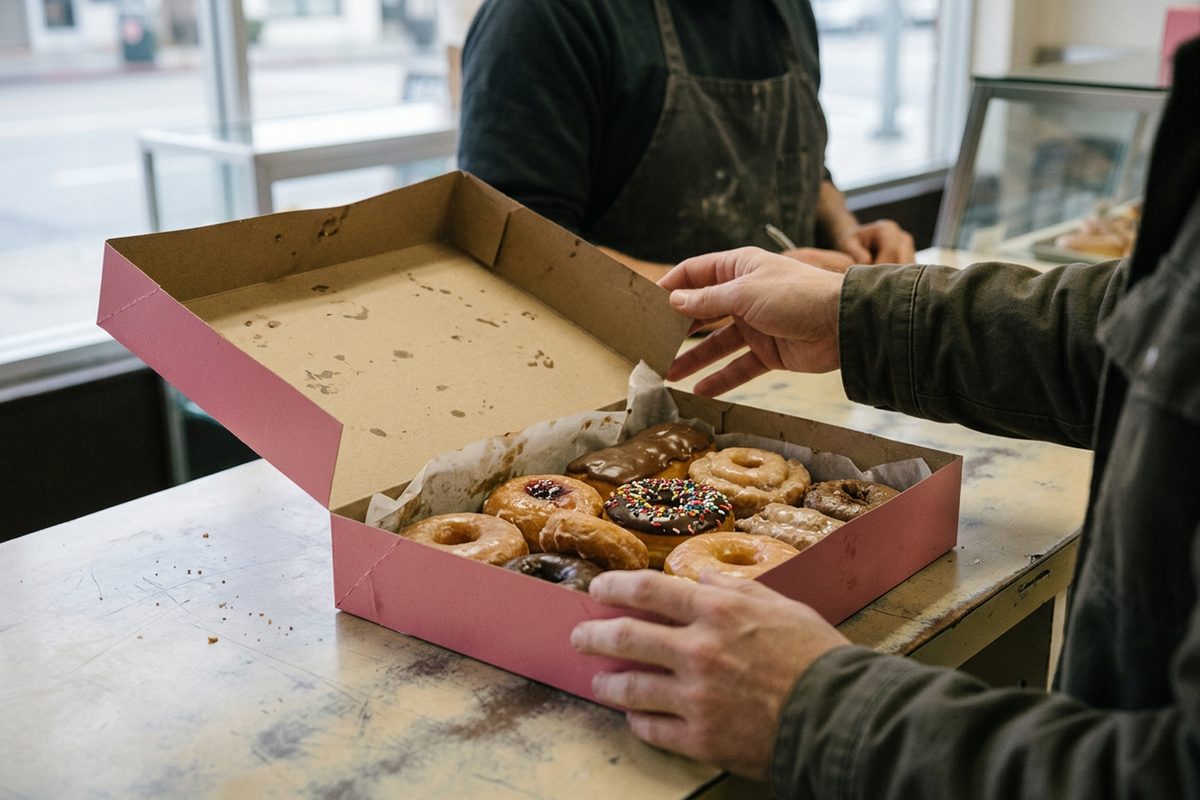 An open cardboard box of assorted frosted donuts on a donut shop counter, a customer's hands lifting the lid in gray morning light.