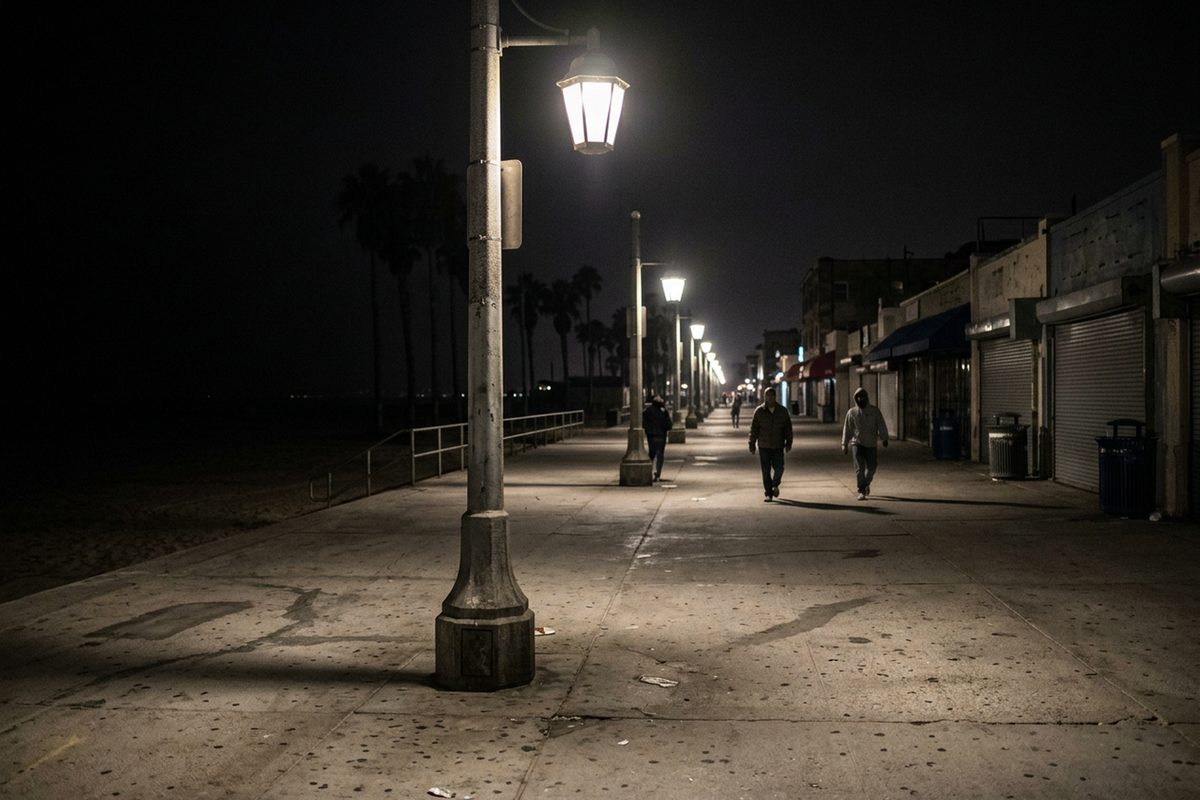 Lit lampposts along Venice's Ocean Front Walk at night, with a few people walking on the boardwalk beside the dark beach.