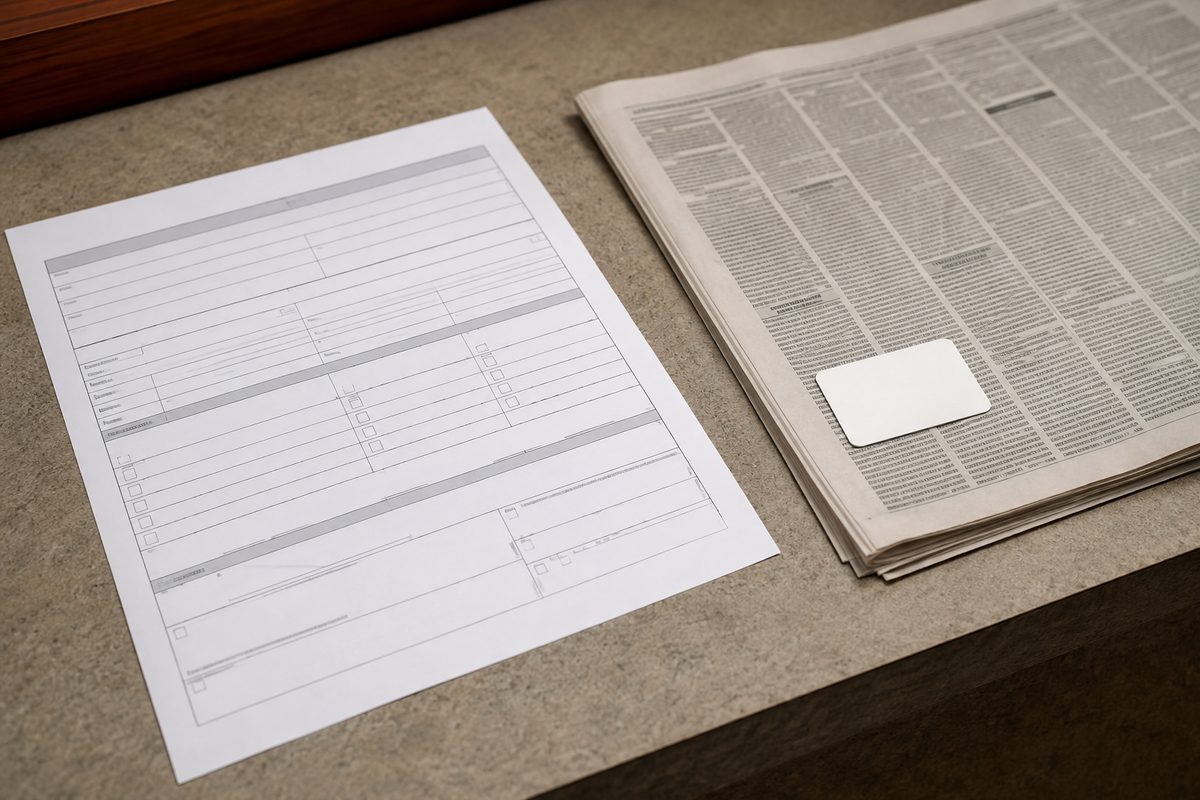 Photo illustration: stylized overhead flat-lay of a county filing form on a counter beside a folded local newspaper opened to a column of small legal notices, a price sticker resting on the newspaper and none on the form; flat editorial vector, neutral daylight, no people, no agency seals, no real masthead.