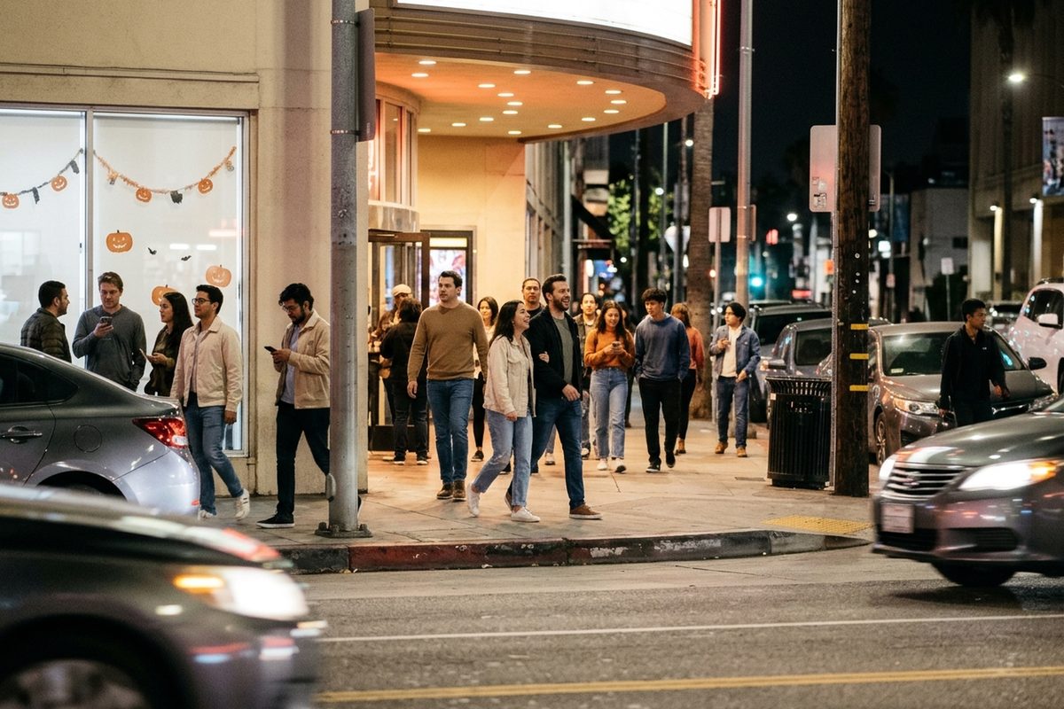 Photo illustration of moviegoers in jackets walking toward a brightly lit multiplex entrance on Hollywood Boulevard at night.
