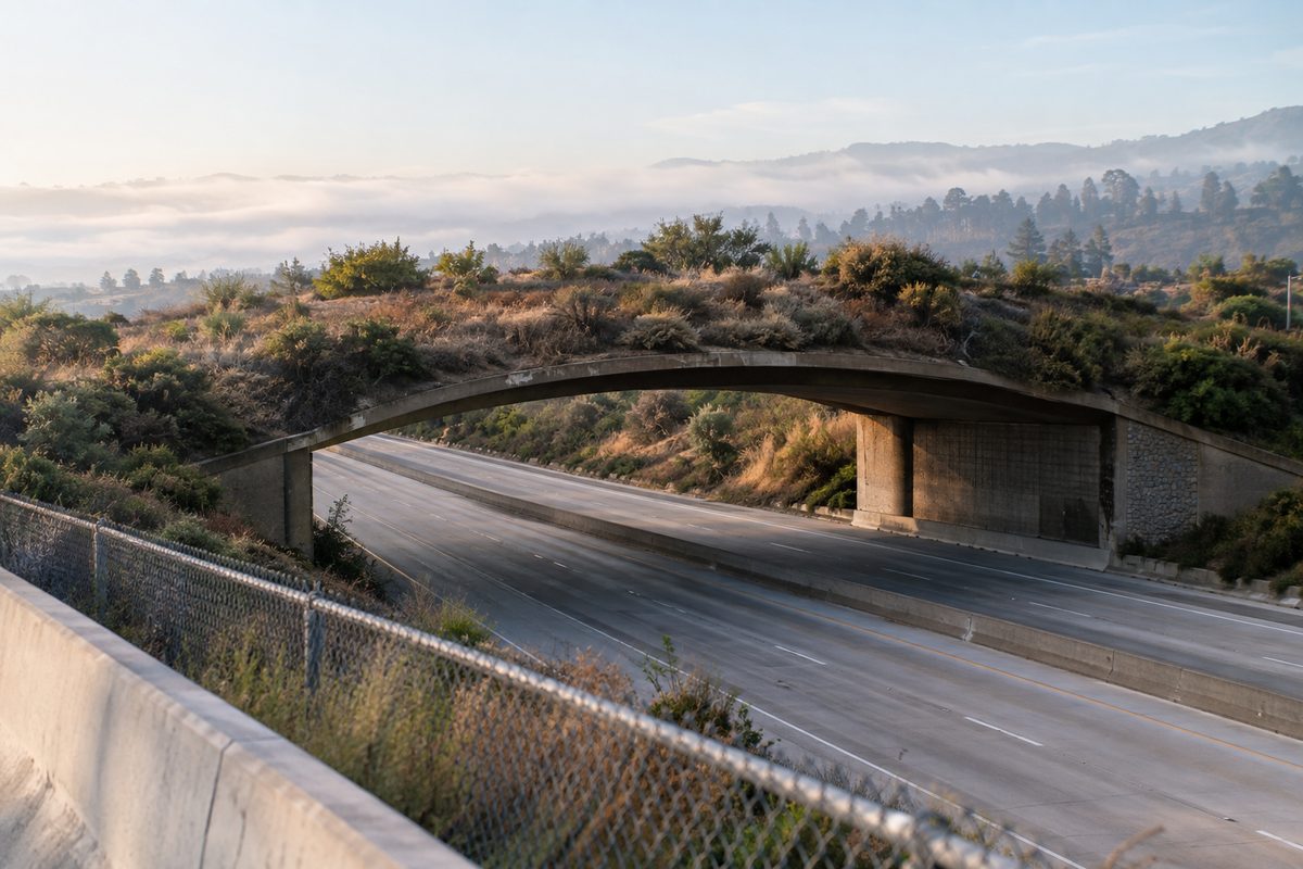 A vegetated overpass spanning an empty freeway at dawn, with concrete barrier and chain-link fencing in the foreground.