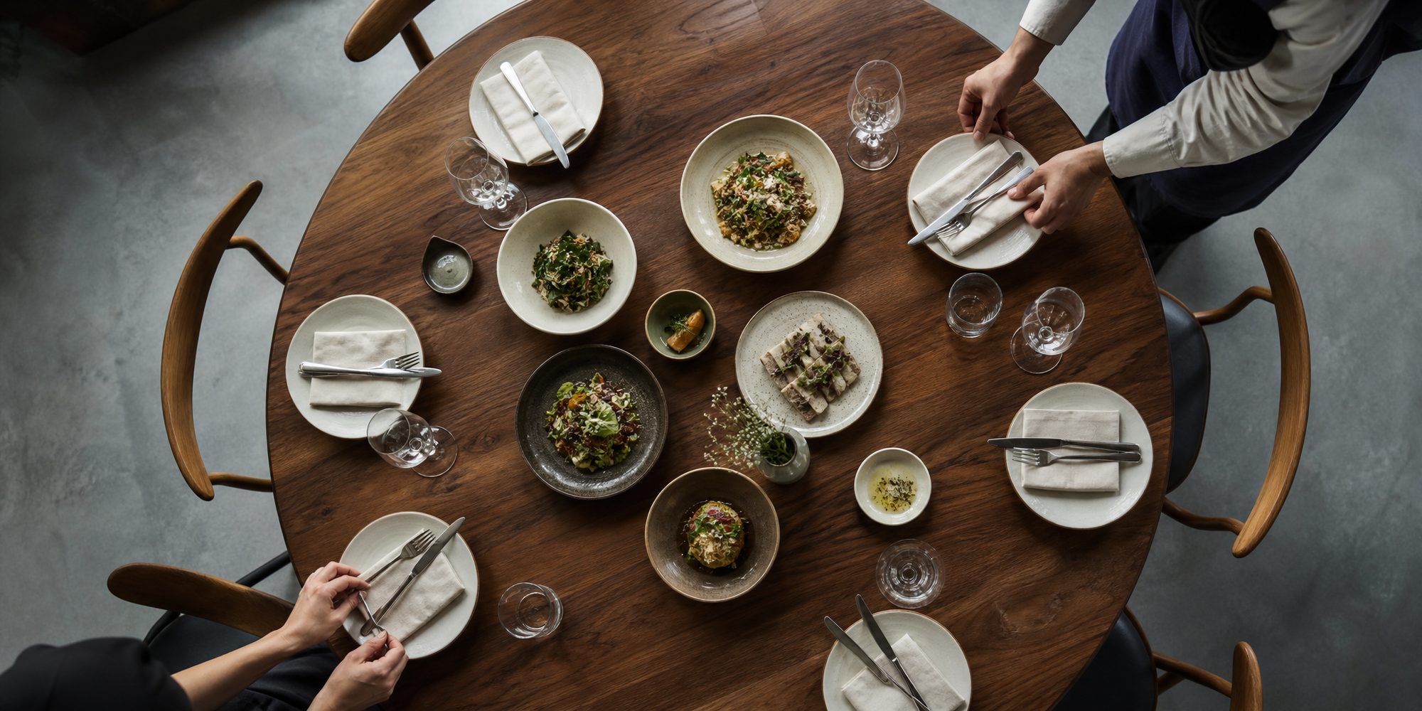 Overhead view of a restaurant table set for a multi-course meal, with small plates, folded napkins and hands placing cutlery.