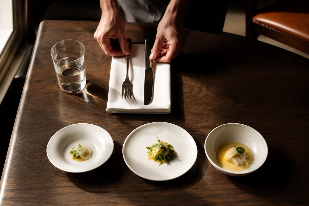 Overhead view of a restaurant table set for a multi-course meal, with small plates, folded napkins and hands placing cutlery.