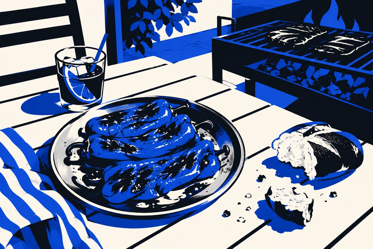 Illustration: A patio table at an Argentine-style grill seen from above, with a metal plate of charred red peppers glistening in oil, torn bread and a small glass of vermouth soda in warm evening light