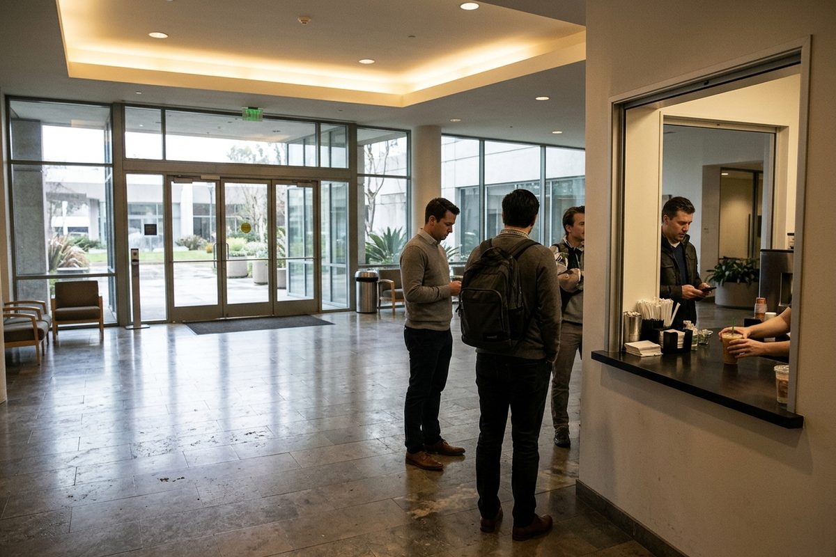 Office workers line up at a small coffee counter in the lobby of an office building at Water Garden in Santa Monica on a weekday morning.
