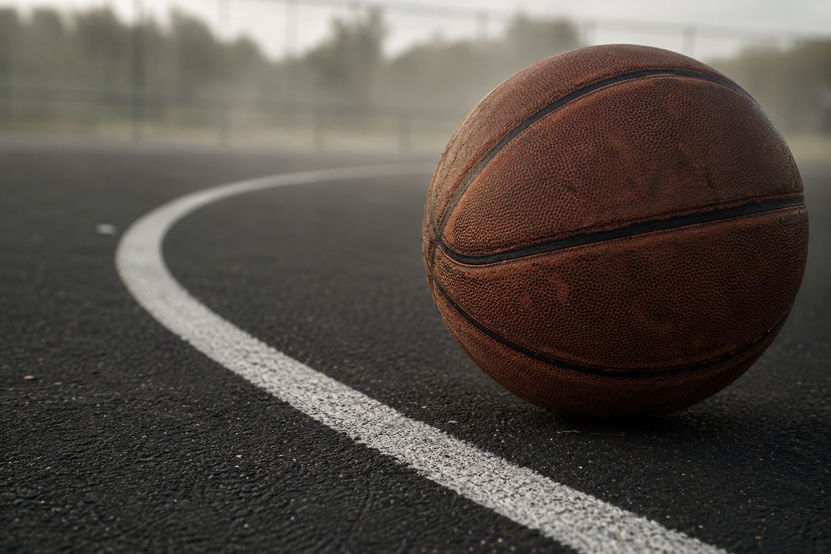 Extreme close-up of a worn basketball's pebbled surface and seam resting on a painted court line, morning light hazy behind it.