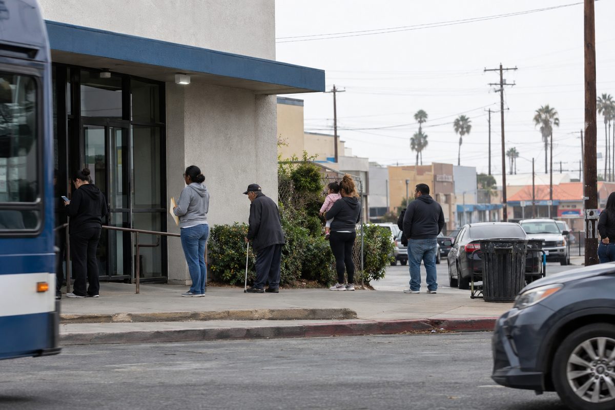 People line up on the sidewalk outside a community health clinic in South Los Angeles on an overcast morning.