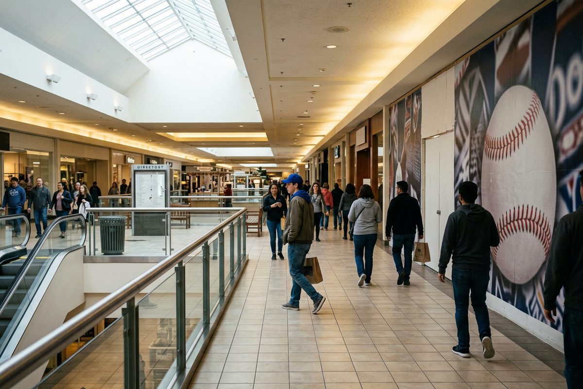 Shoppers walking along the upper-level concourse of the indoor Montclair Place mall in Montclair, California, one wearing a plain royal-blue baseball cap.