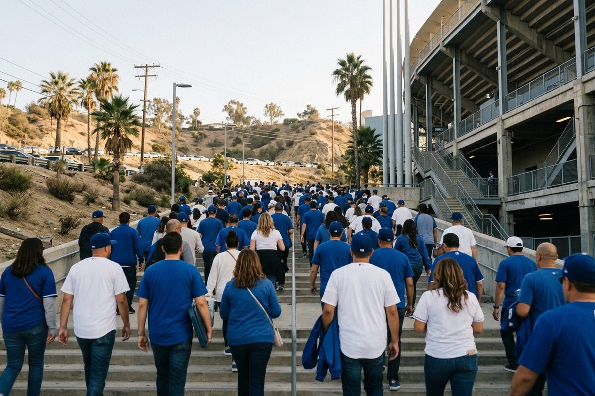 Dodgers fans in blue climbing the steps toward the Dodger Stadium gates in late-afternoon light before an NLCS game.