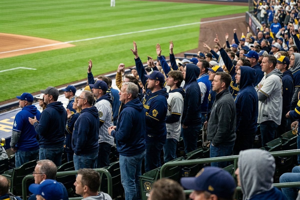 Milwaukee Brewers fans in navy and gold stand in the stands at American Family Field during a night playoff baseball game against the Dodgers.