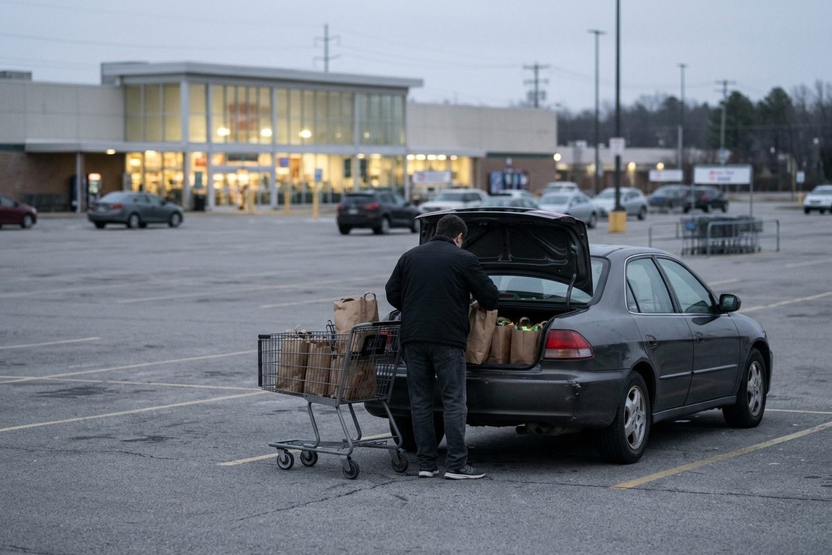 A grocery delivery shopper seen from behind loads paper grocery bags into a car trunk in a supermarket parking lot under a gray sky.