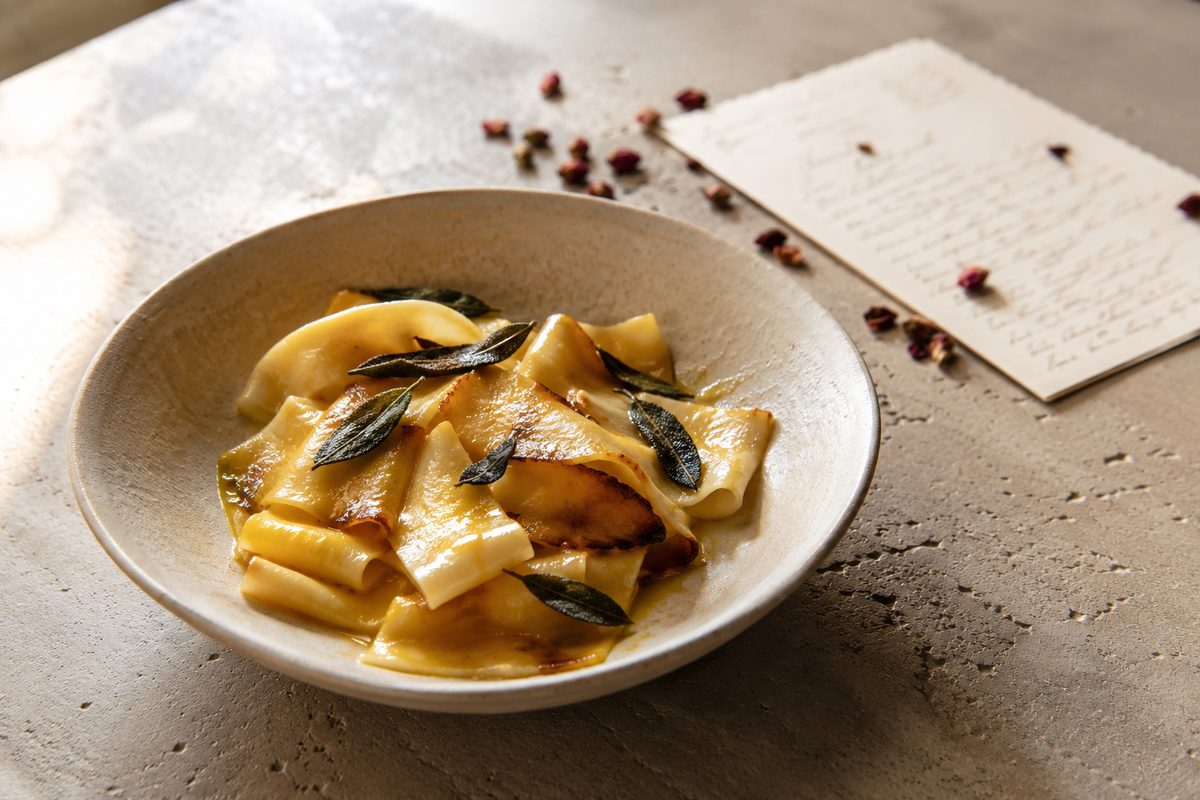 A shallow ceramic bowl of wide fresh pasta sheets in browned butter with fried sage leaves, on a raw concrete table in warm window light.