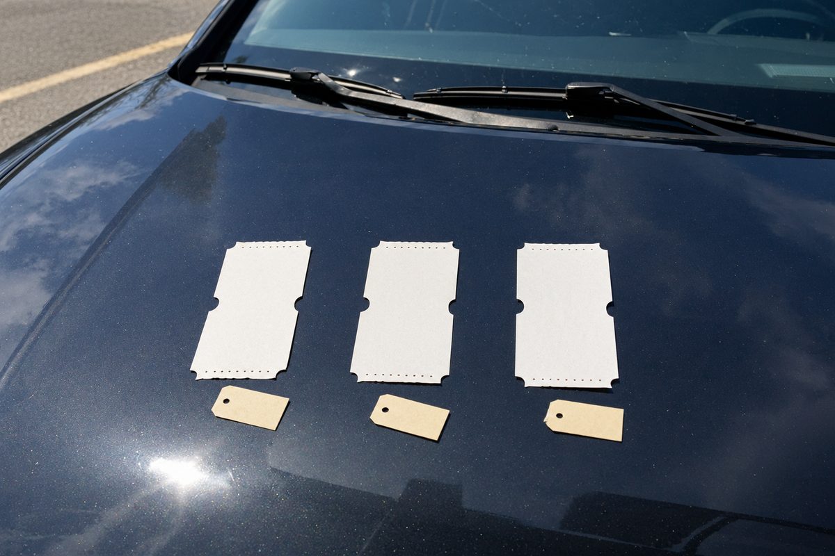 Photo illustration: stylized overhead illustration of three blank unbranded drive-in admission stubs laid in a row on the hood of a plain dark car, a small handwritten price tag beside each stub, hard noon light, no logos, no lettering, no people, no identifiable venue