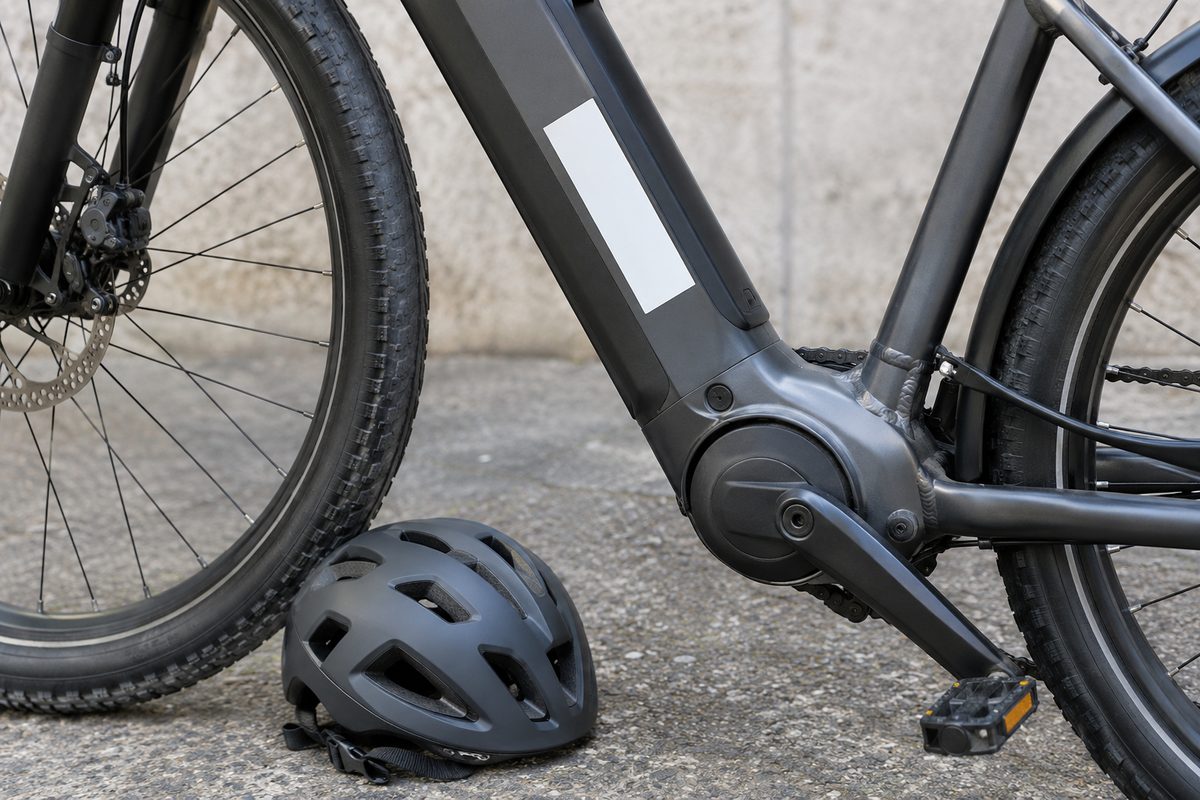 Photo illustration: detail macro in neutral daylight of a blank white rectangular sticker on the down tube of a plain unbranded electric bicycle, a bicycle helmet resting on the ground beside the wheel, no people, no logos, no readable text, no street scene, no seasonal objects