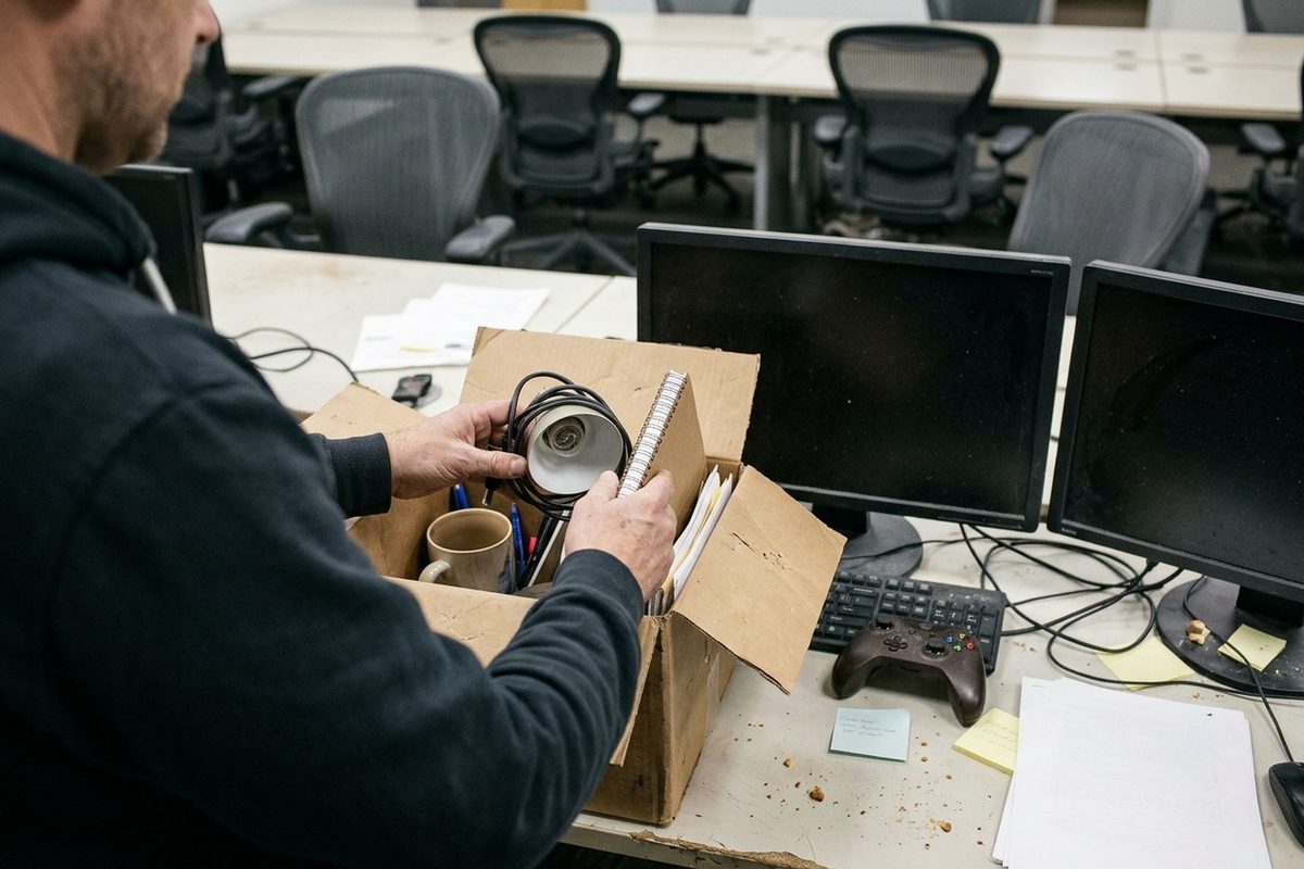 Photo illustration of a game studio worker's hands packing notebooks and a desk lamp into a cardboard box.