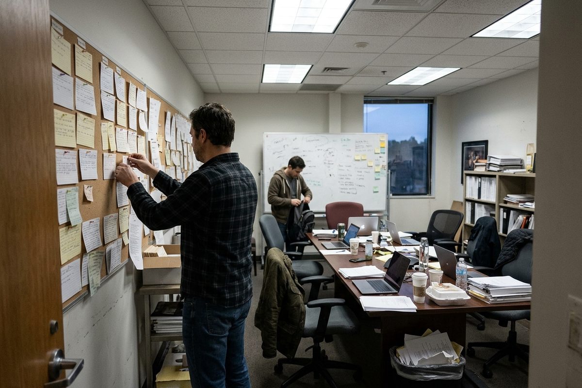 A writer's hand pulls a blank index card off a corkboard in a TV writers' room under fluorescent office light, with laptops closed on the table below.