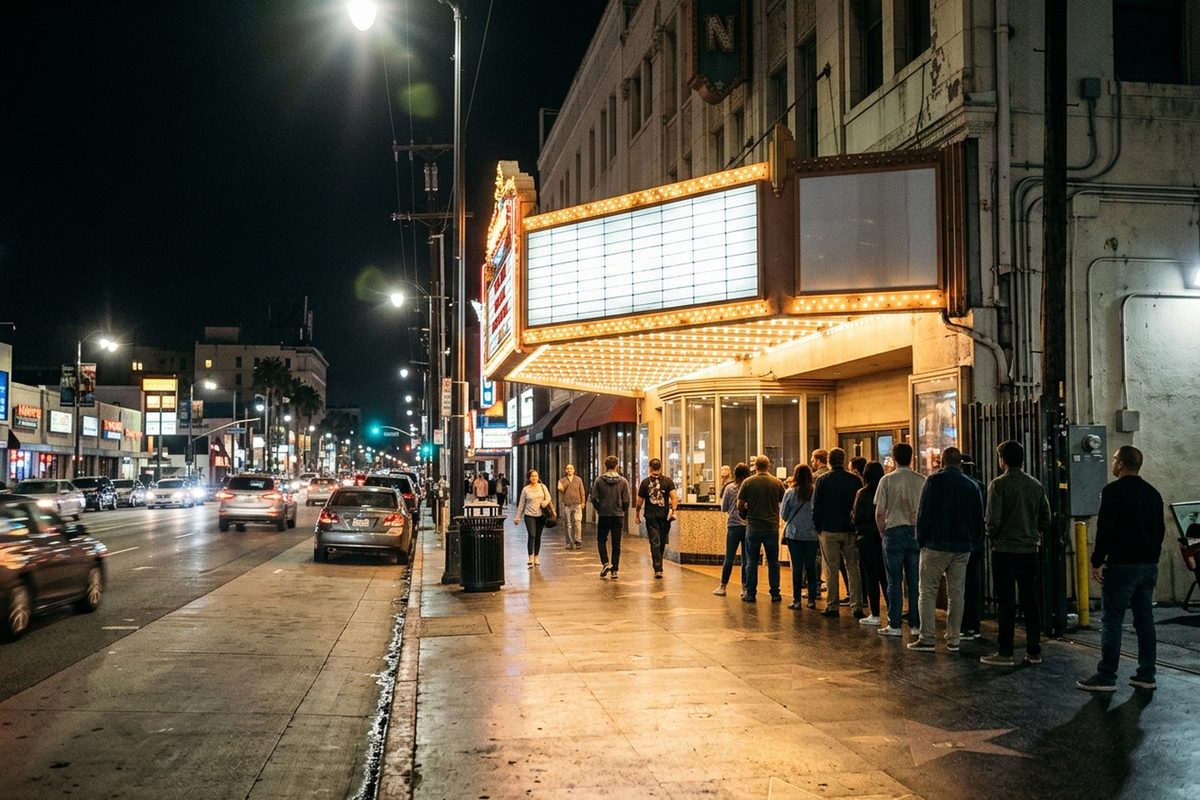 A lit movie theater marquee and box office on Hollywood Boulevard at night, with a few moviegoers lined up, illustrating the opening of the Elizabeth Holmes documentary You Can See Everything.