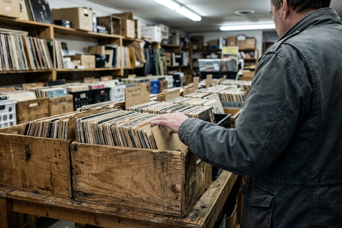 A shopper's hands flip through a crate of old vinyl records in a record store under fluorescent light.